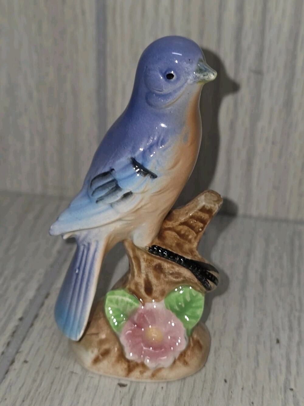 Vintage Blue Jay Bird Figurine Porcelain On Flower Tree Stump Made In Japan